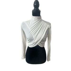 Significant Other Mock Neck Pleated Crop Top - White - Size US 4
